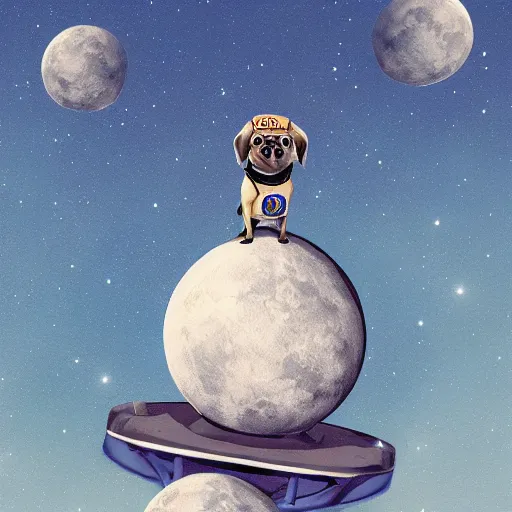 Image similar to Pug Astronaut stands on a ball that look like the moon, artstation