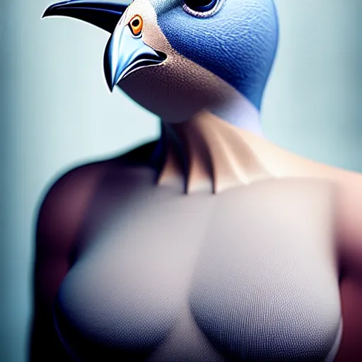 Image similar to beautiful humanized pigeon - girl, in full growth, studio shot in style, professional photographer, many details, super realistic, high quality, 8 k