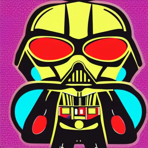 Prompt: svg sticker of a Pop-Wonder Darth-Vader at a rave, spinning records, giant headphones rocking out, wearing headphones, huge speakers, dancing, rave, DJ, spinning records, digital art, amazing composition, rule-of-thirds, award-winning, trending on artstation, featured on deviantart