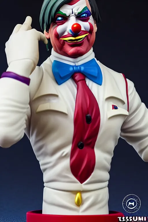 Image similar to still high quality figurine of president bolsonaro as a clown, tsurime eyes, tareme eyes, personification, dynamic pose, detailed product photo, featured on amiami, tone mapped, beautiful composition, 8 5 mm, f. 1 4