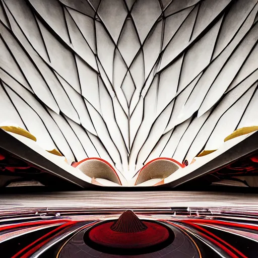 Prompt: eerie dark interior of a futuristic lotus temple space station with gold, red and white marble panels, beams of sunlight in the centre, in the desert, by buckminster fuller and syd mead, intricate contemporary architecture with art nouveau motifs, photo journalism, photography, cinematic, national geographic photoshoot