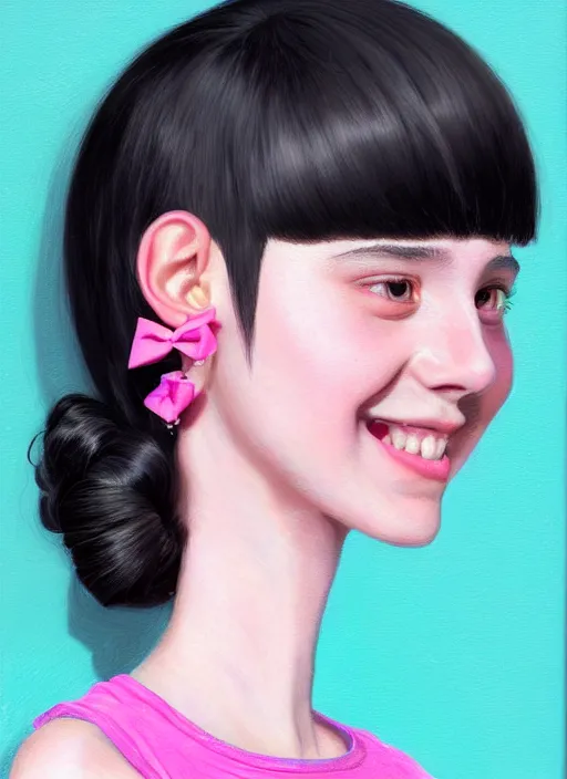 Image similar to portrait of teenage girl, realistic, black hair, bangs, half updo hairstyle, pointy nose, skinny, smile, ugly, defined jawline, big chin, pink hair bow, earrings, intricate, elegant, glowing lights, highly detailed, digital painting, artstation, sharp focus, illustration, art by wlop, mars ravelo and greg rutkowski