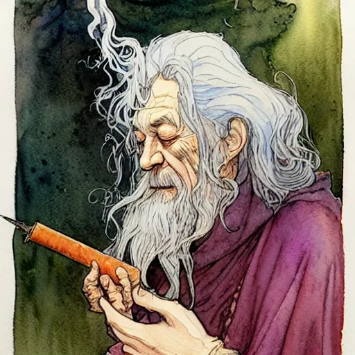 Image similar to a realistic and atmospheric watercolour fantasy character concept art portrait of gandalf with bloodshot eyes giggling and smoking weed out of his pipe by rebecca guay, michael kaluta, charles vess and jean moebius giraud