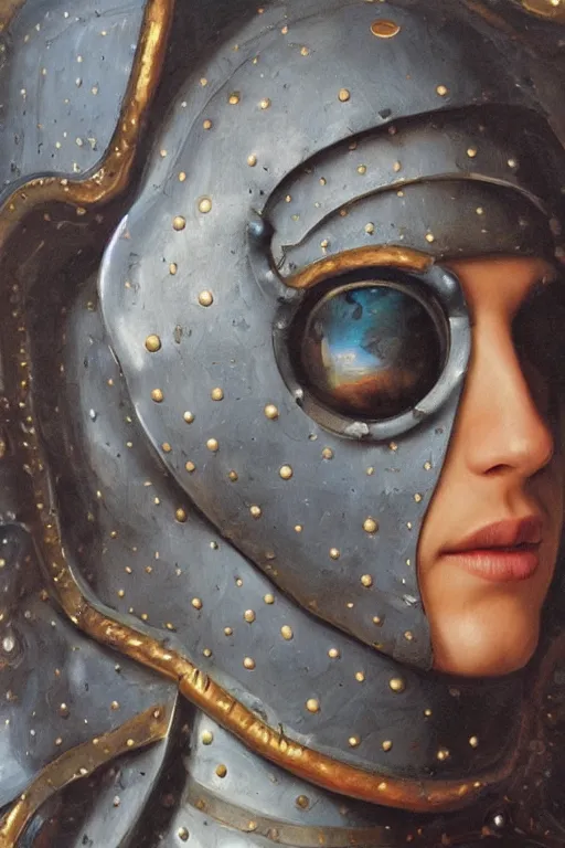 Image similar to hyperrealism oil painting, close - up portrait of face hiding in stingray medieval fashion model, knight, steel gradient mixed with nebula sky, in style of baroque mixed with 7 0 s book art