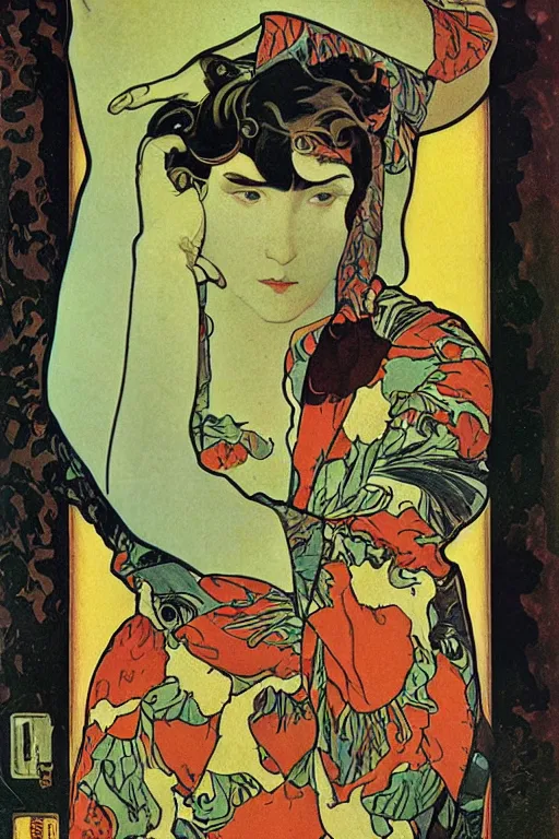 Prompt: The lonely stoner seems to free his mind at night, by Tadanori Yokoo, Alphonse Mucha, Hannah Hoch