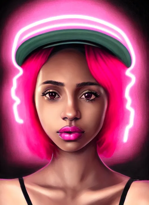 Image similar to portrait of teenage vanessa morgan with bright pink hair, black girl, vanessa morgan, curly pixie cut hair, wearing newsboy cap, newsboy cap, hoop earrings, intricate, elegant, glowing lights, highly detailed, digital painting, artstation, concept art, smooth, sharp focus, illustration, art by wlop, mars ravelo and greg rutkowski