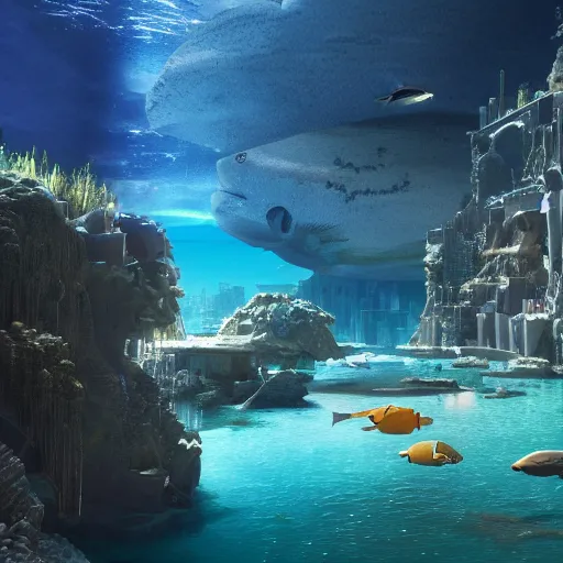 Prompt: a photorealistic octane render of atlantis, fish swimming by, lights, underwater city, 4 k, 8 l artstation, behance