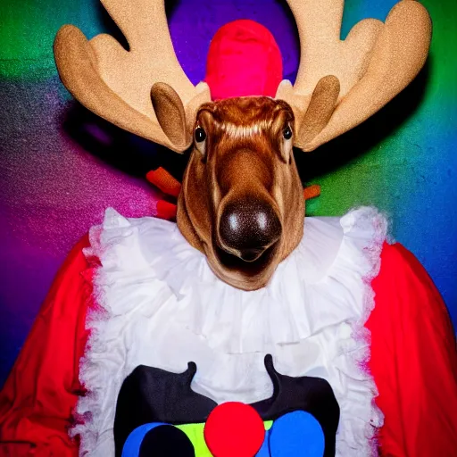 Prompt: realistic moose dressed as a clown - n 9