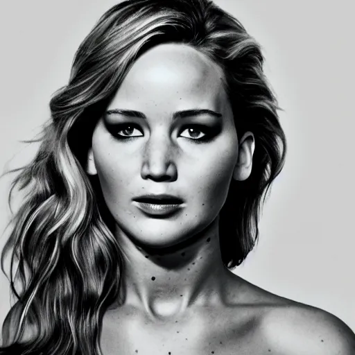 Image similar to Jennifer Lawrence, head and shoulders portrait, extremely detailed masterpiece, one single continues line.