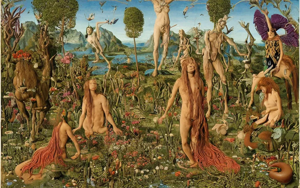 Image similar to a portrait photograph of a meditating centaur shaman and a flayed mermaid feeding harpies at a wide river delta. surrounded by bulbous flowers, animals and a few trees. mountain range under a blue sky of burning stars. painted by jan van eyck, max ernst, ernst haeckel, ernst fuchs and artgerm, trending on cgsociety