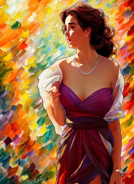 Image similar to elizabeth taylor detailed clothing, half body shot, arms down, path traced, highly detailed, high quality, digital painting, alena aenami, leonid afremov, lilia alvarado, shinji aramaki, karol bak, alphonse mucha, tom bagshaw