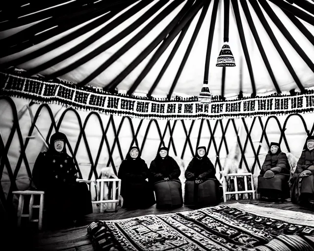 Image similar to tsar nikolai ii seats in yurt with kyrgyz people, black and white photo