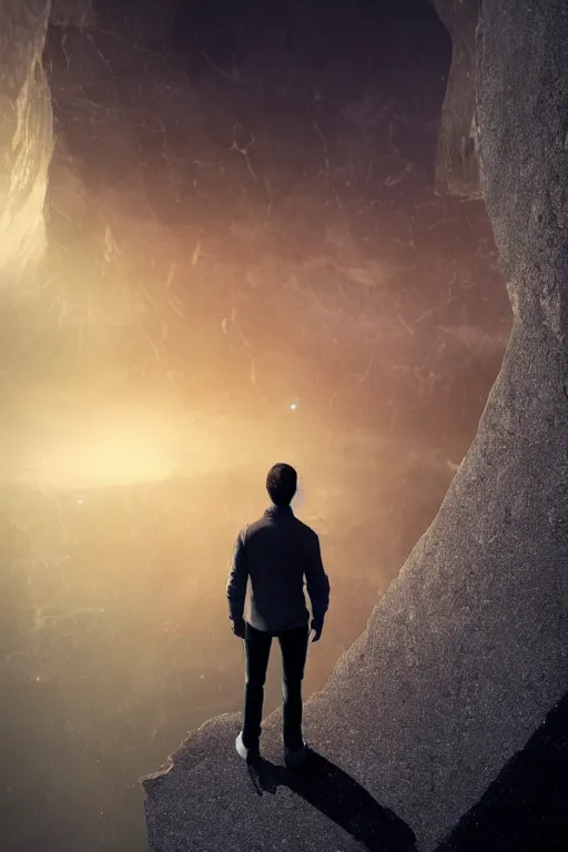 Image similar to a man stands looking over the edge of the known universe, dramatic lighting, cinematic, establishing shot, extremely high detail, foto realistic, cinematic lighting, post processed, concept art, high details, cinematic, 8k resolution, beautiful detailed, photorealistic, digital painting, artstation, concept art, smooth, sharp focus, artstation trending, octane render, unreal engine