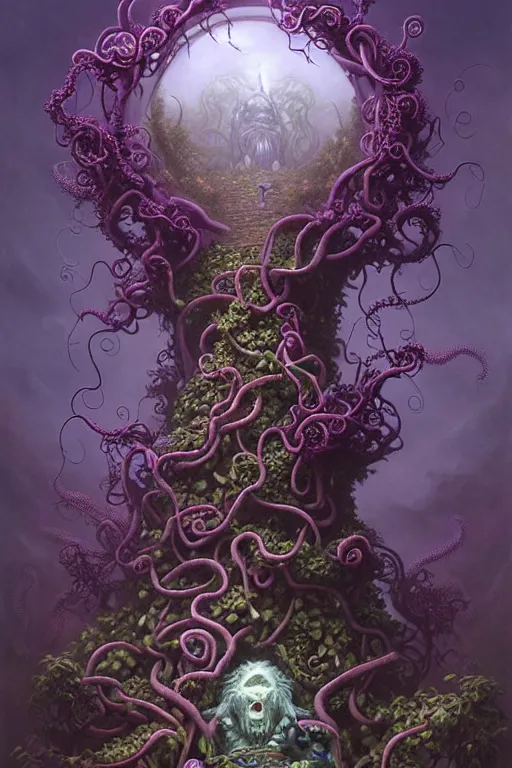 Prompt: On a domed structure made of tentacled purple vines, there is an orc fused and blended with the vines, a purple crystal pulsing in his chest, orc on vines, orc fused with vines, orc merged with vines, Peter Mohrbacher, Beksiński and Jeff Easley, artwork by Peter Mohrbacher, Zdzisław Beksiński and Jeff Easley