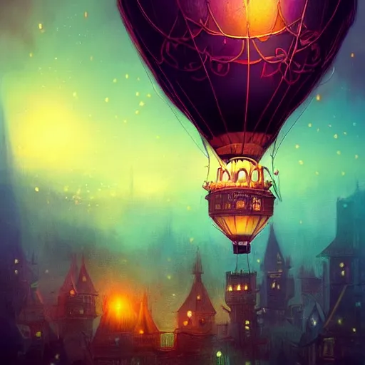 Image similar to a beautiful stunning fantasy whimsical matte digital illustration of a hot - air balloon powered by magic over a lit city at night by marc simonetti, pastel color palette, disney magic the gathering steampunk, chiaroscuro magical bokeh moon stars dramatic romantic, trending on artstation hq, masterpiece