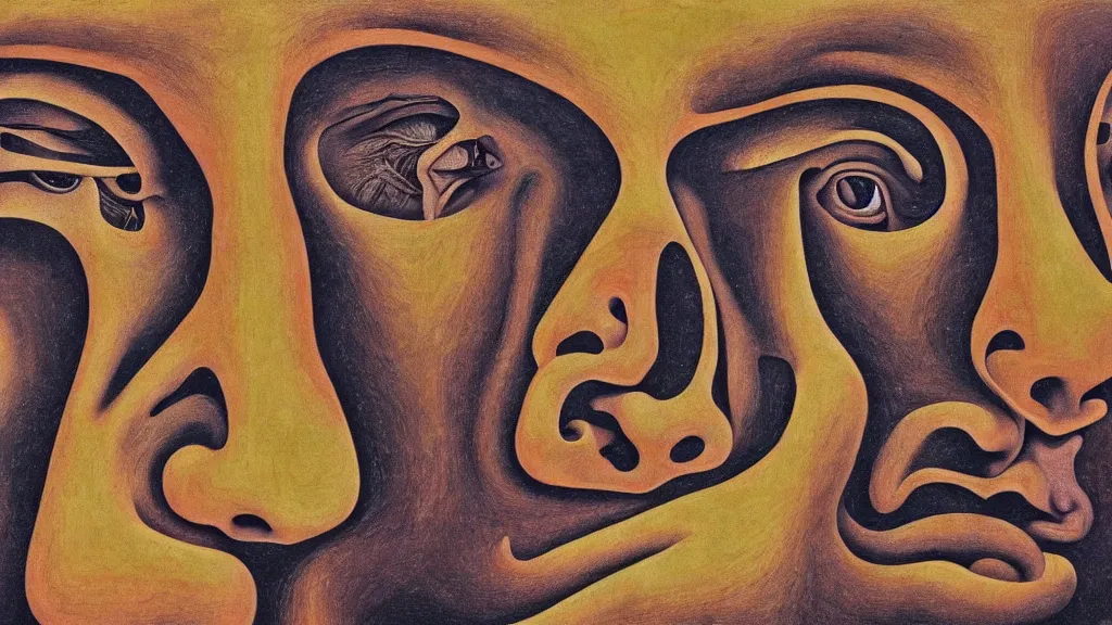 Image similar to a weeping man screams in agony, closeup on face, extreme facial symmetry |, afterlife, souls in joy and agony | abstract oil painting, gouche on paper by MC Escher and Salvador Dali |