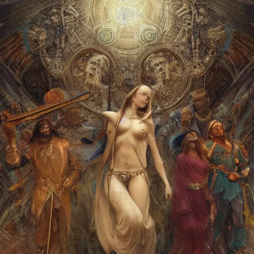 Image similar to disasterpiece truth disciples holy estrangement, by Edgar Maxence and Ross Tran and Michael Whelan and Da Vinci and J.M.W Turner, metal watercolor intricate line drawings, sacred chords, 4k resolution