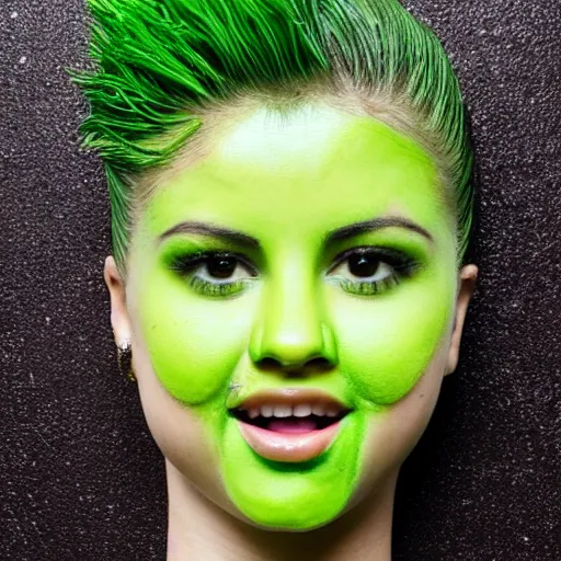 Image similar to selena gomez made out of celery, a human face with celery for hair, celery in the shape of a human face, a bunch of celery sitting on a cutting board, professional food photography, selena gomez wearing green face paint