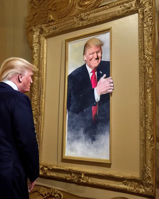 Prompt: a presidential portrait of donald trump in the style caricature artist oil painter sebastian kruger hanging on a wall at mar - a - largo