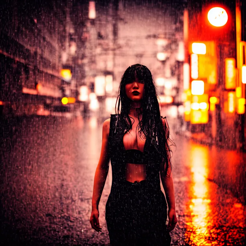 Image similar to a photo close up cyberpunk woman dancing in the rain, cyberpunk hiroshima, prefecture streets, sunset, photorealistic, cinematic lighting, highly detailed, bokeh, style by tomino - sama