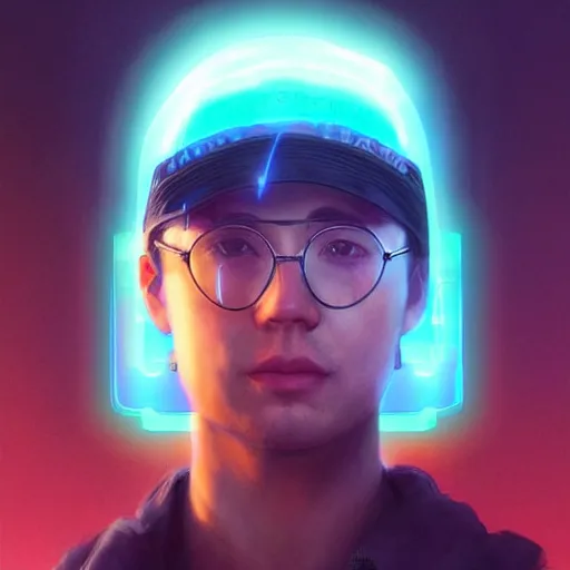 Image similar to portrait Ron Wisly with visor in cyberpunk, harry potter, neon lighting, night city, digital art from artstation by Ruan Jia and Mandy Jurgens and Artgerm and william-adolphe bouguereau and Greg Rutkowski