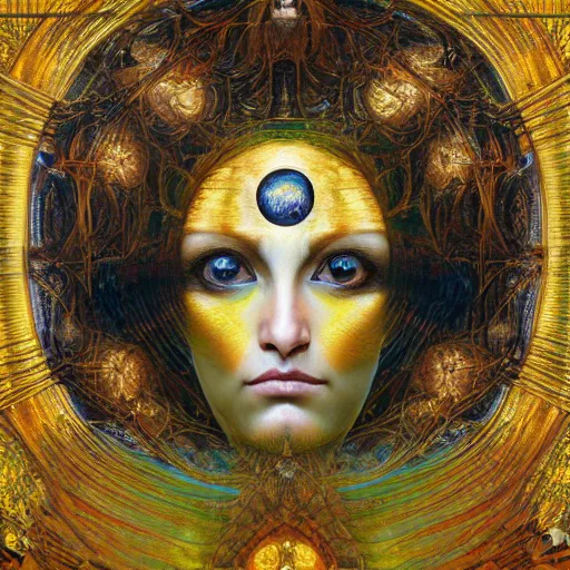 Image similar to Divine Chaos Engine by Karol Bak, Jean Deville, Gustav Klimt, and Vincent Van Gogh, sacred geometry, visionary, mystic, spiritual, fractal structures, ornate gilded medieval icon, third eye, spirals