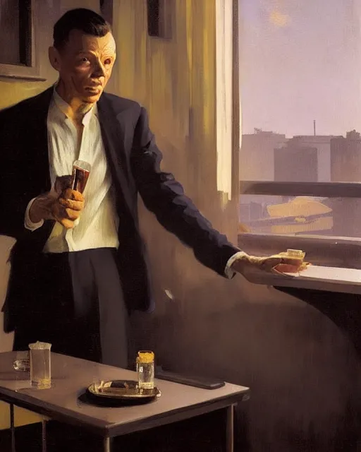 Image similar to young frank sinatra as a poor dystopian dieselpunk soviet bartender serving a client. art by greg rutkowski, gustave courbet, rosa bonheur, edward hopper. faithfully depicted facial expression, perfect anatomy, sharp focus, global illumination, radiant light, detailed and intricate environment, trending on artstation