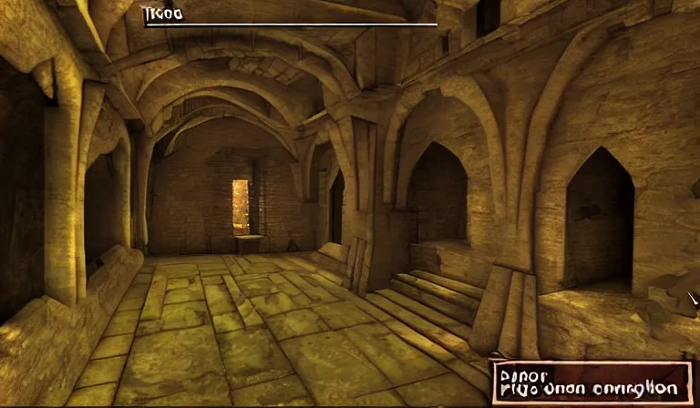 Image similar to Dungeon crawler with UI, 2DCG, 3D environment, first-person POV PS1 game, designed by Hieronymous Bosch!!!!!