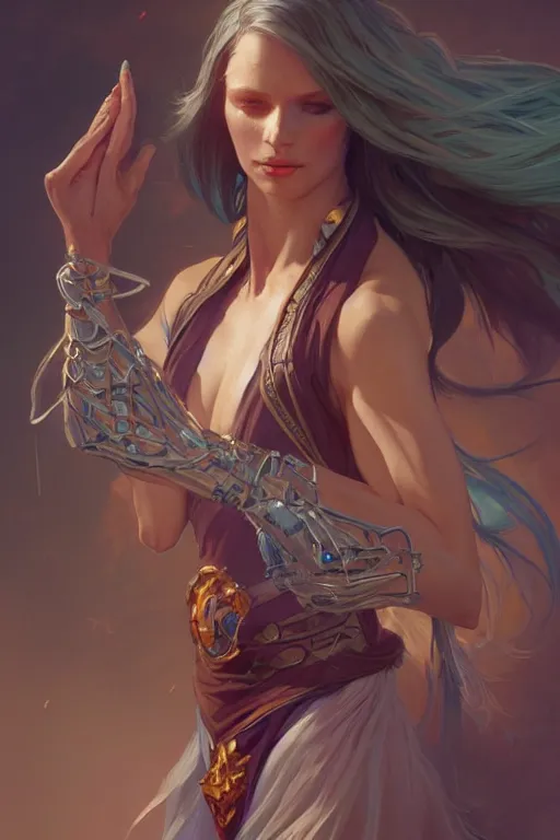 Image similar to beautiful sorceress, accurate anatomy, only two hands, highly detailed, digital painting, artstation, concept art, smooth, sharp focus, illustration, Unreal Engine 5, 8K, art by Artgerm and greg rutkowski and alphonse Mucha