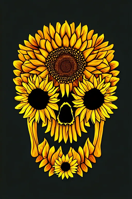 Prompt: sunflower skull head, spooky halloween theme, illustration line art style