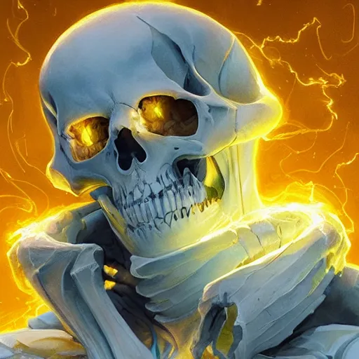 Prompt: skeleton glowing in white yellow light spell scroll art by artgerm and greg rutkowski and Craig Mullins, James Jean, Andrey Ryabovichev, Mark Simonetti and Peter Morbacher 16k