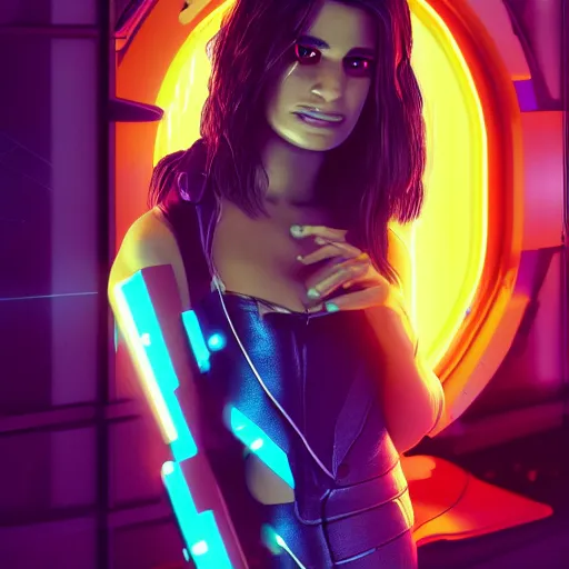 Image similar to lea michele portrait, cyberpunk 2 0 7 7, cyberpunk judy alvarez, photorealistic, ultra detailed, neon, octane, bokeh, cinematic lighting, cyber, cyberpunk city, studio quality, feature, scars, cyberface, 8 k