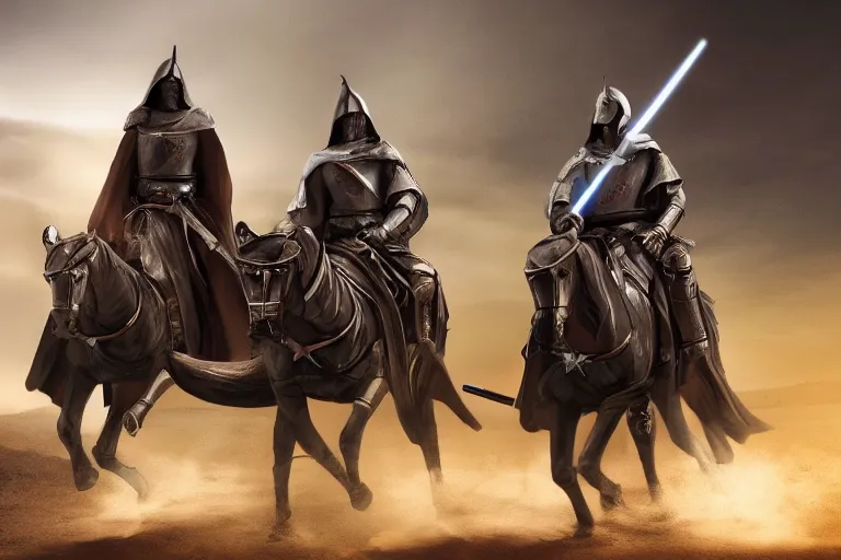 Image similar to Knights Templar with Jedi Swords Riding on Horses, DSLR, Depth of Field, Gamma, 4k, hd, detailed, cinematic