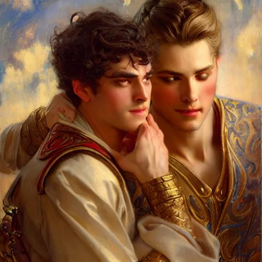 Image similar to attractive fully clothed king confesses his love for his attractive fully clothed male prince. highly detailed painting by gaston bussiere, craig muler, j. c. leyendecker 8 k