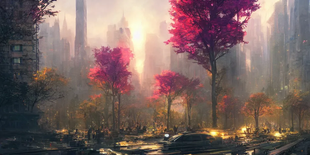 Image similar to a breathtaking fantasy solarpunk new york city, landscape illustration by greg rutkowski, bright sunlight, ethereal lighting, vivid and colorful trees and plants and flowers on buildings, smooth digital concept art, 4 k, trending on artstation