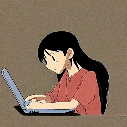 Image similar to guy with long black hair using a laptop, tan skin, looking down, art by hayao miyazaki, studio ghibli film, twitter pfp