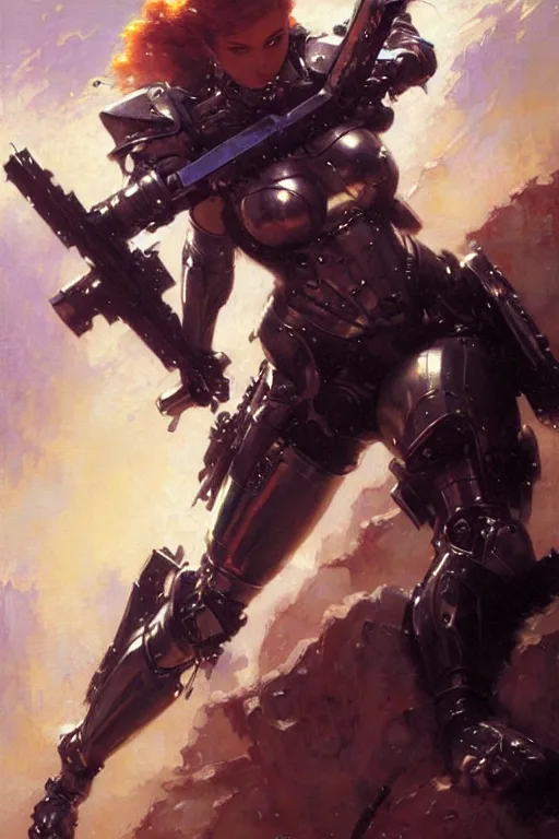 Image similar to futuristic women with medieval armor cyborg fighting dynamic poses, holding a gunsword, detail, beautifull face, no blur, painting by gaston bussiere, craig mullins, greg rutkowski, yoji shinkawa, sorayama