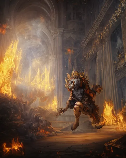 Image similar to A epic and beautiful rococo painting of a werewolf inside a burning cathedral. demon slayer style. ultra-detailed. Anime, pixiv, UHD 8K CryEngine, octane render