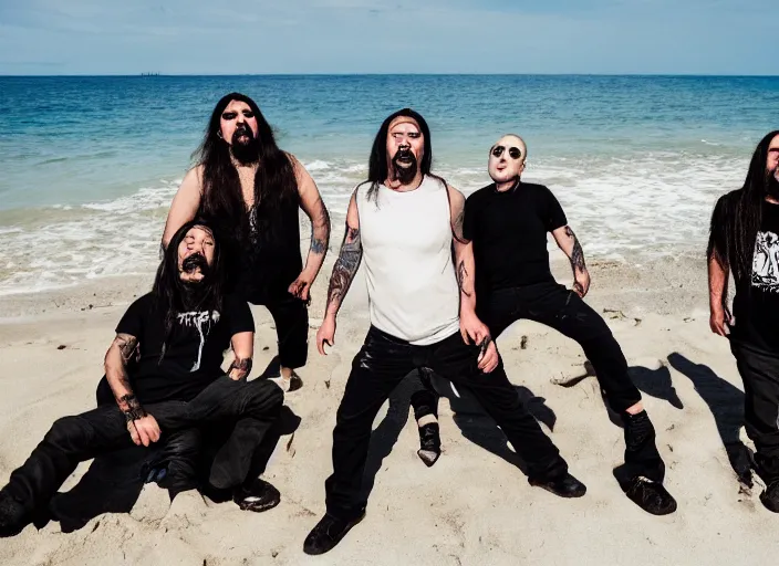 Prompt: photo of members of a death metal band enjoying a day at the beach