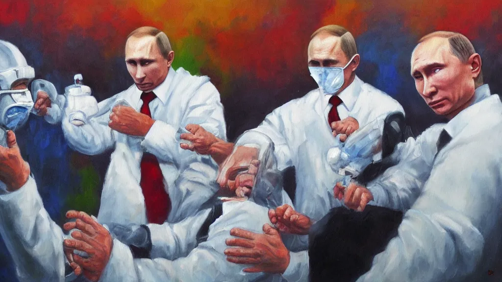 Prompt: Vladimir Putin fights against coronavirus. Oil paint