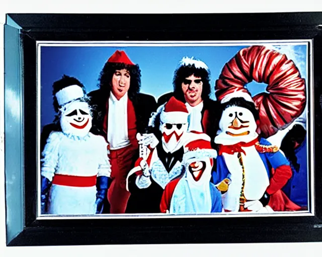 Image similar to 8 0's christmas special, featuring frosty the snowman, the band kiss, and the harlem globe trotters, frame from vhs tape