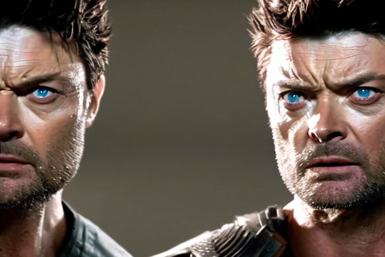 Image similar to film still frame of karl urban as wolverine, adamantium, high quality