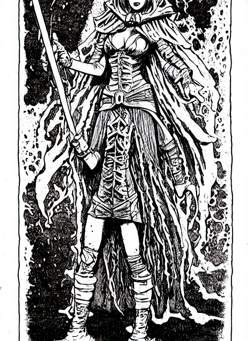 Image similar to a girl made of slime dressed as a cute mage, as a d & d monster, full body, pen - and - ink illustration, etching, by russ nicholson, david a trampier, larry elmore, 1 9 8 1, hq scan, intricate details, inside stylized border