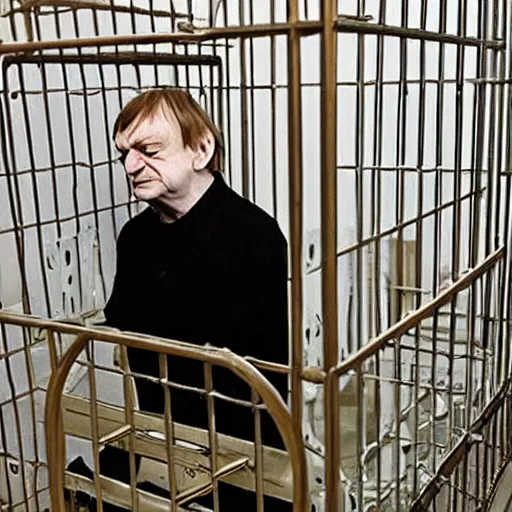 Image similar to mark e smith in a small cage marked for sale