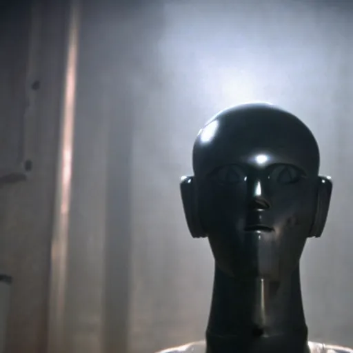 Prompt: movie scene of a man with a robot head, movie still, acting, cinematic composition, cinematic lighting, tungsten lighting, Movie by David Lynch and Andrzej Żuławski