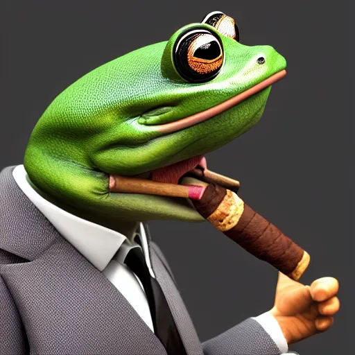 Image similar to a high quality photo of an antropomorphic frog wearing a suit smoking a cigar, 3d scene, render, ultra realistic, artstation, cgsociety