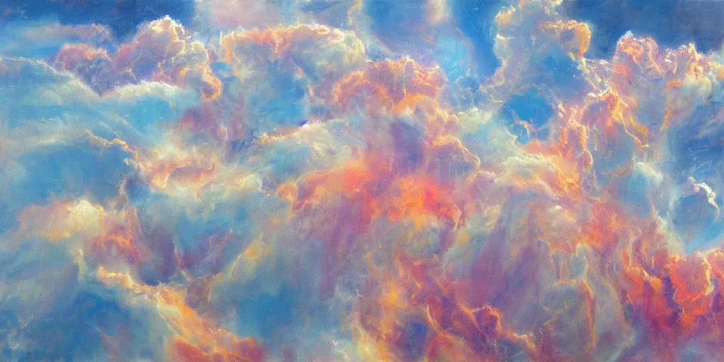 Prompt: molten iron raining down from pinkish clouds high up the atmosphere, aerial view, realist painting