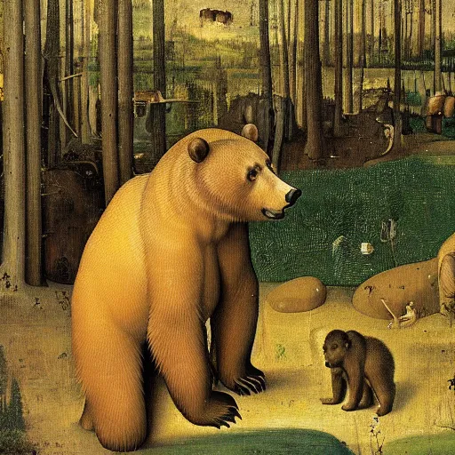 Image similar to a grizzly bear in the foreground, forest in the background, hieronymus bosch