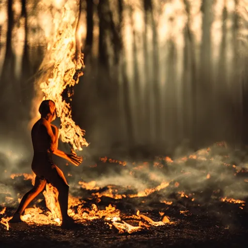 Prompt: a human figure emerging from fire ash, cinematic lighting, ultra realistic, bokeh