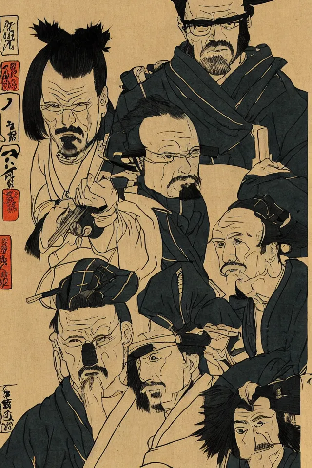 Prompt: a portrait of walter white and jesse pinkman in samurai armor, in the art style of ukiyo - e, sengoku - era art style, artistic 4 k